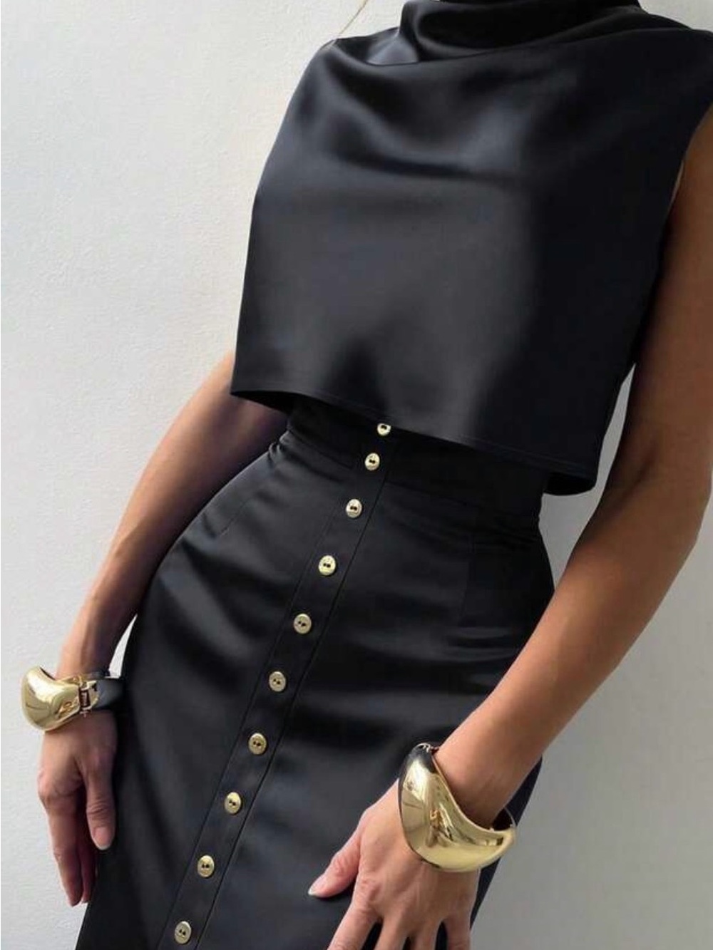 Black High-Waist Button-Front Pencil Skirt